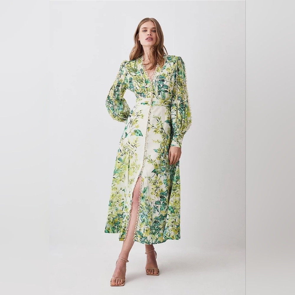 Karen Millen Trailing Floral Woven Plunge Maxi Dress, Size: US 10